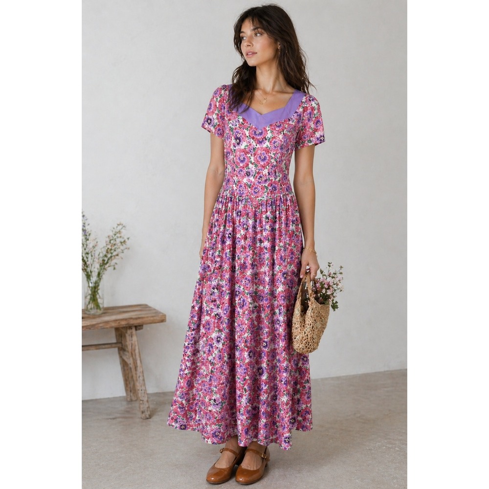 Handmade Floral Maxi Dress Cottagecore Prairie Romantic Pink Purple Cotton XS/S